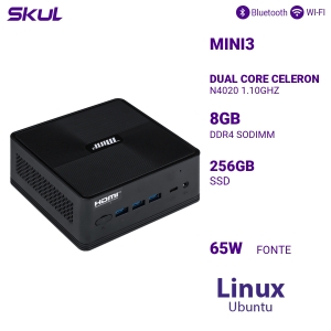 COMPUTADOR MINI3 DUAL CORE CELERON N4020 1.10GHZ MEM 8GB DDR4 SSD 256GB WI-FI+BT FONTE 65W EXTERNA LINUX UBUNTU