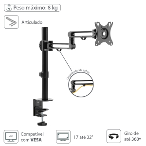 SUPORTE PARA MONITOR DE 17" A 32" ARTICULADO ROTACAO 360° E ORGANIZADOR DE CABO - SM400A