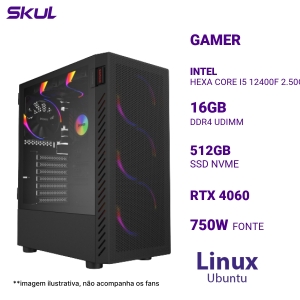 COMPUTADOR GAMER 5000 HEXA CORE I5 12400F 2.50GHZ MEM 16GB DDR4 SSD 512GB NVME RTX 4060 FONTE 750W BRONZE LINUX UBUNTU