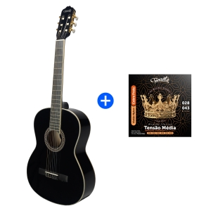 KIT PROMOCIONAL VIOLÃO INICIANTE TONANTE ACÚSTICO LORENZZO NYLON 39" PRETO + ENCORDOAMENTO NYLON COBRE PRATA TENSÃO MÉDIA