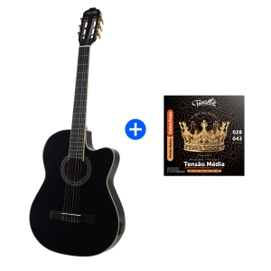 KIT PROMOCIONAL VIOLÃO TONANTE  ELETROACÚSTICO FLAT LORENZZO 39" PRETO +  ENCORDOAMENTO NYLON COBRE PRATA TENSÃO MÉDIA